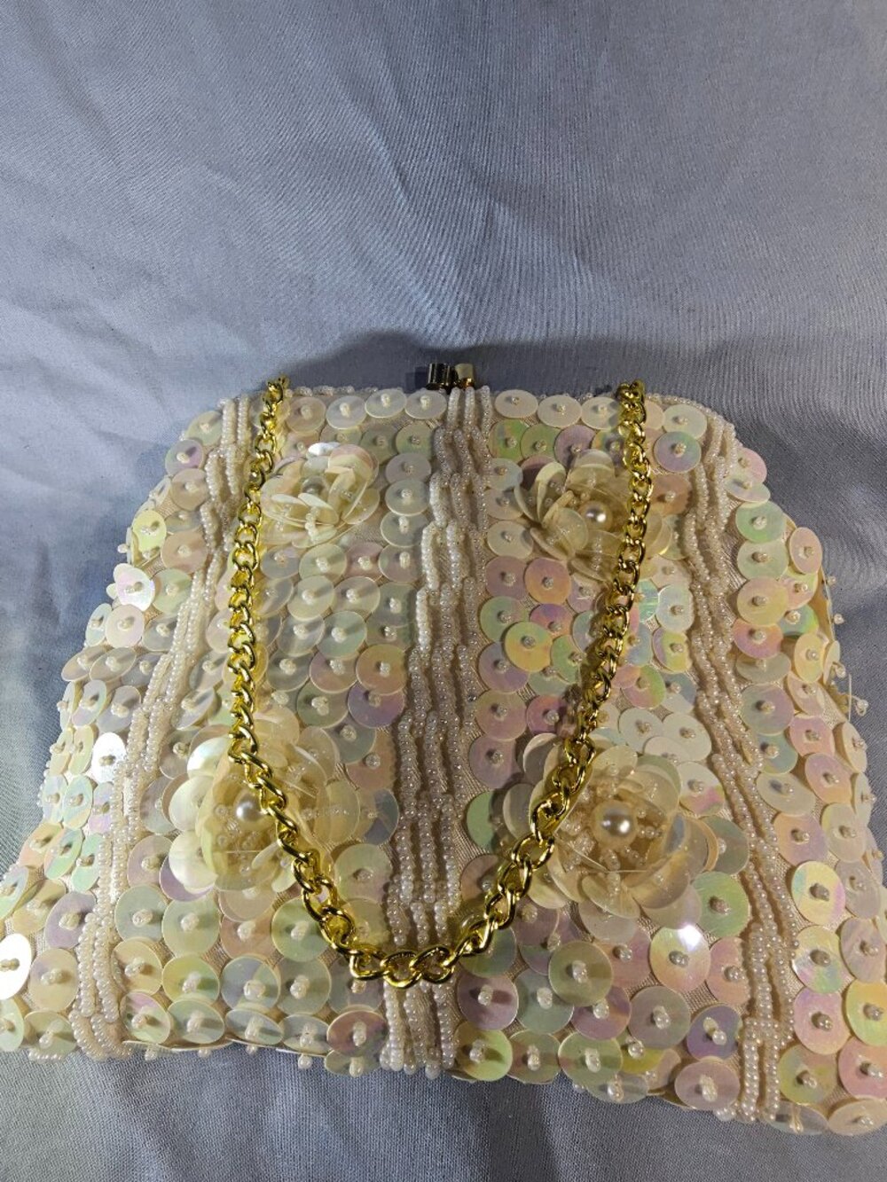 Vintage Style Ivory Beaded Sequin Evening Clutch Bag Faux Pearl Floral Kiss Lock